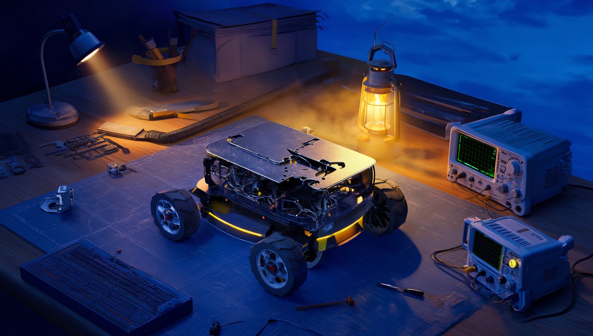 A robot chassis on a lamplit workbench at night
