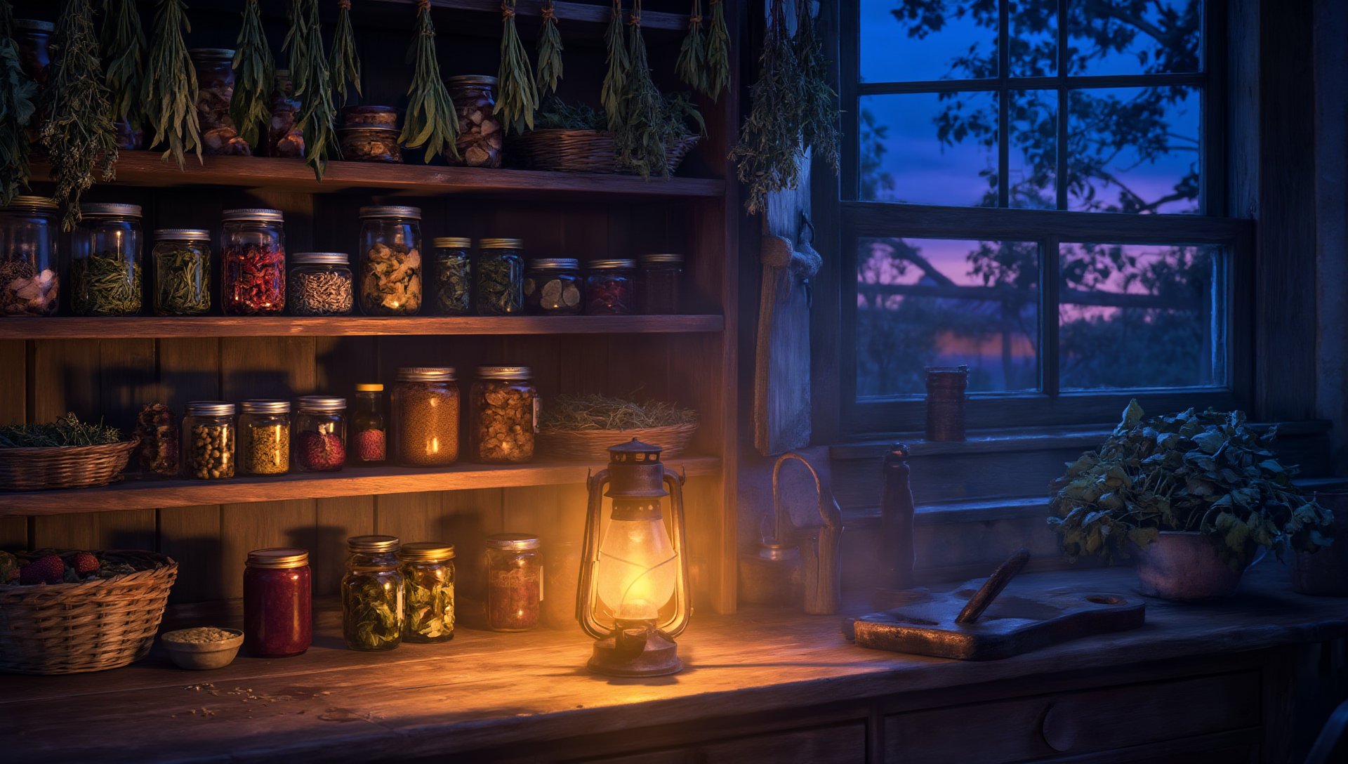 A lantern-lit pantry counter with preserved food in jars at dusk