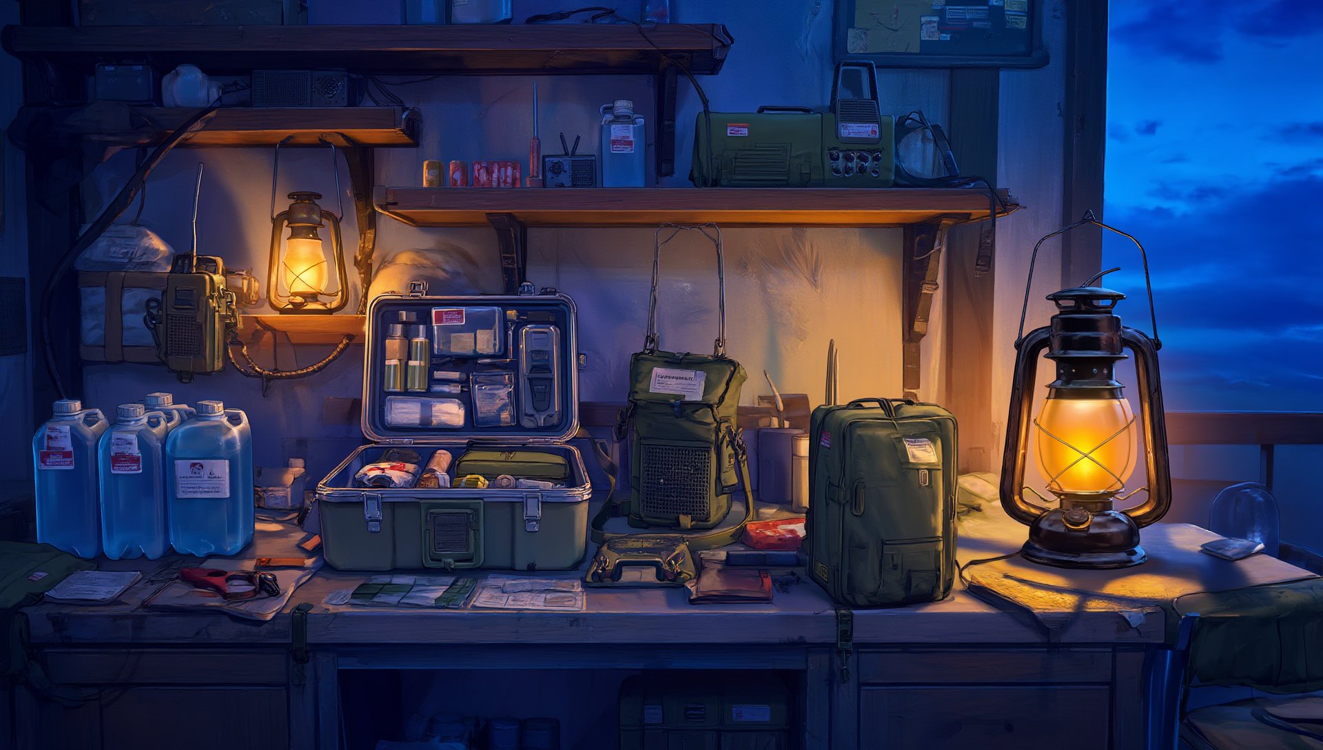 A packed field kit and gear on a bench by lantern light
